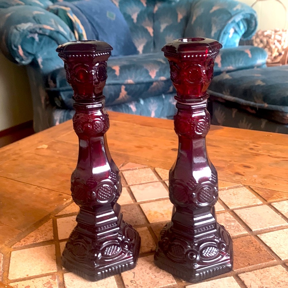 Vintage Avon 1876 Cape Cod Collection Candleholder Set Ruby Red Dark Red Glass